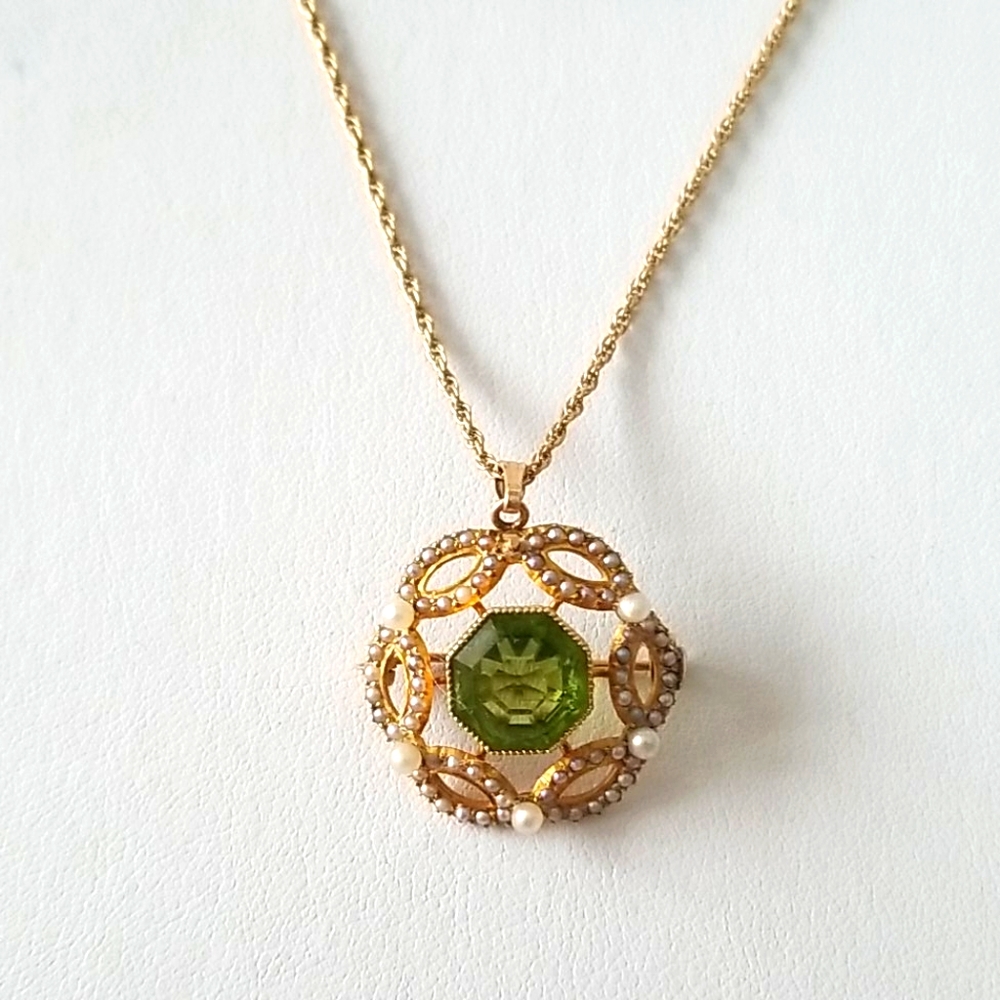 Vintage 14k Gold Cultured Pearl and Peridot Pendant Brooch Combo Necklace - Picture 10 of 16